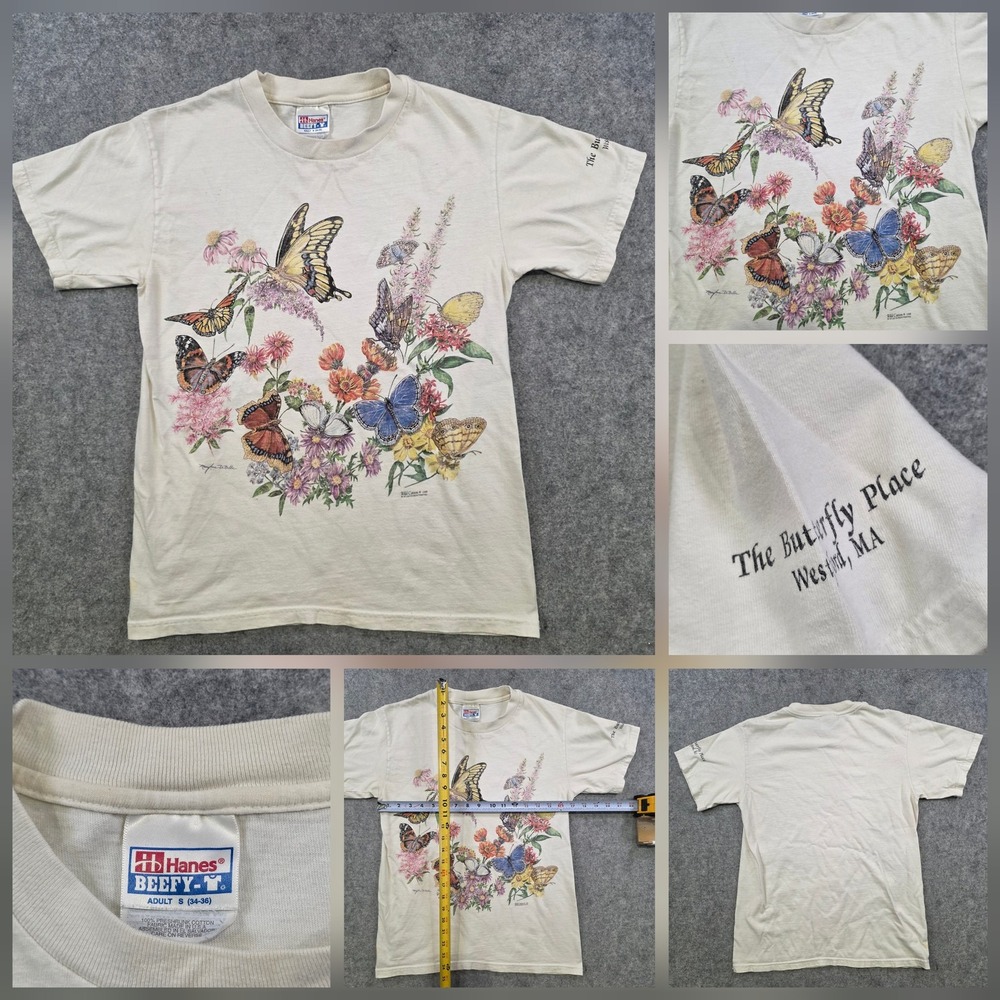 Vintage 1998 Hanes Butterfly Place T Shirt Mens Small White Nature Graphic Tee